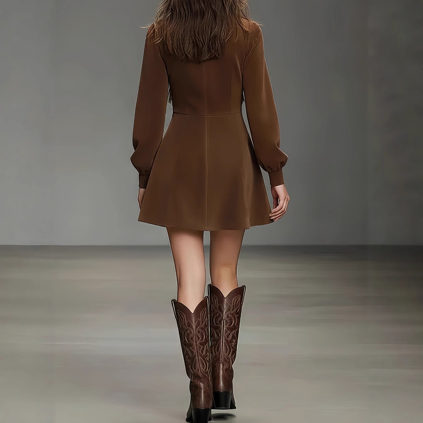 Contrast-color Patchwork Faux Suede Tassel Crew-neck Mini Dress