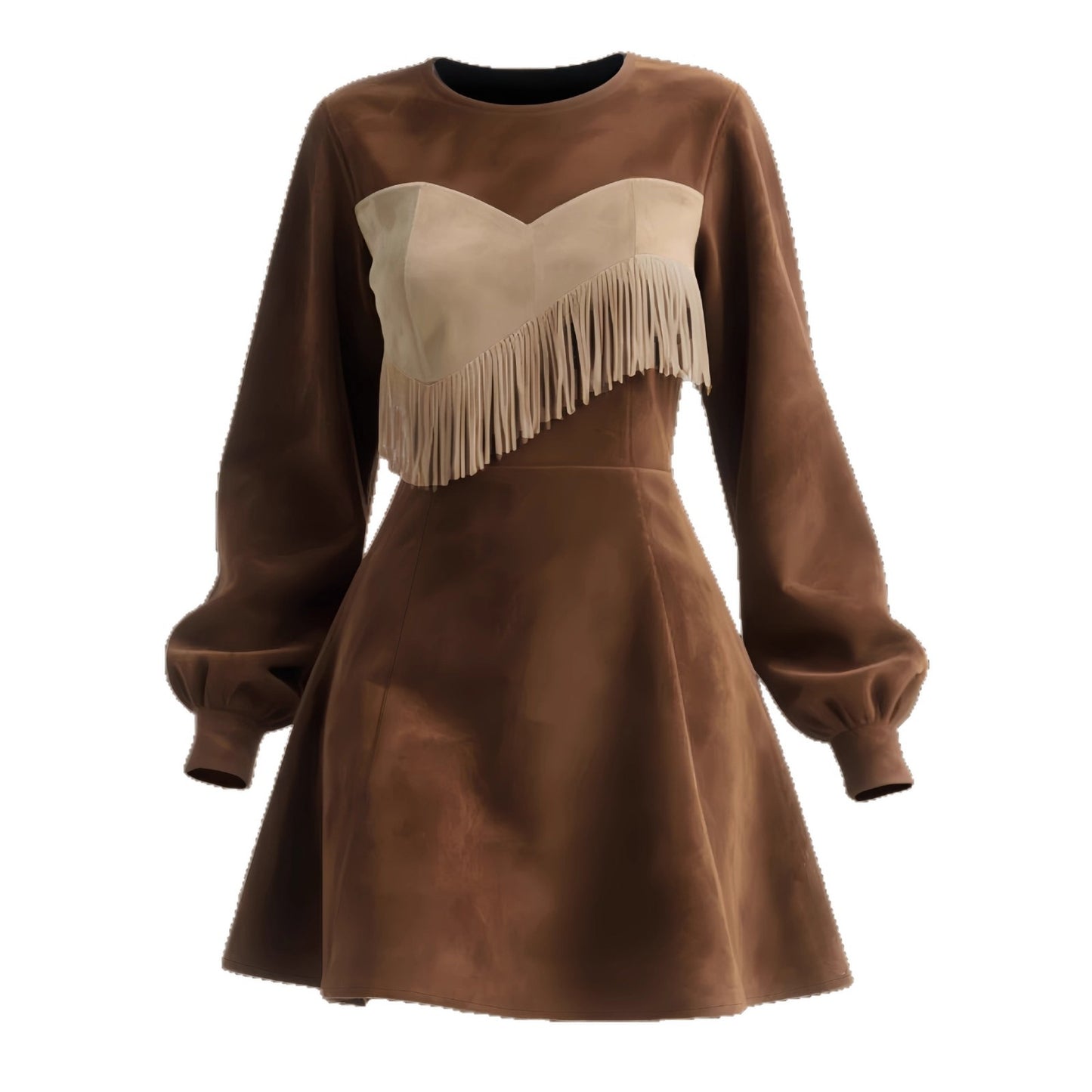 Contrast-color Patchwork Faux Suede Tassel Crew-neck Mini Dress