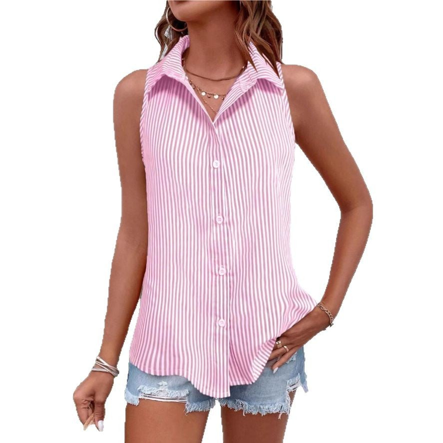 Womens Loose Casual Striped Printed Sleeveless Shirt