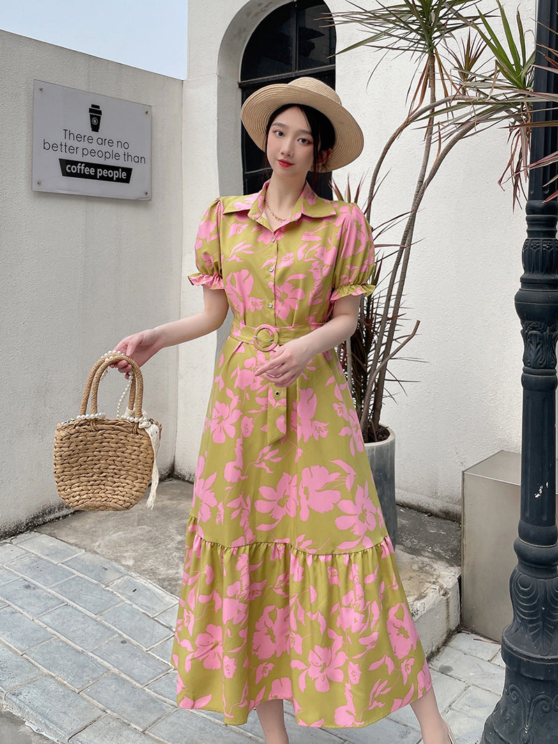 Floral Lapel Loose Fitting Short Sleeve Dress