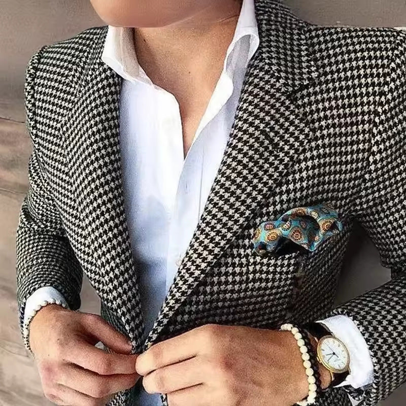 Mens Casual Houndstooth Blazer Coat
