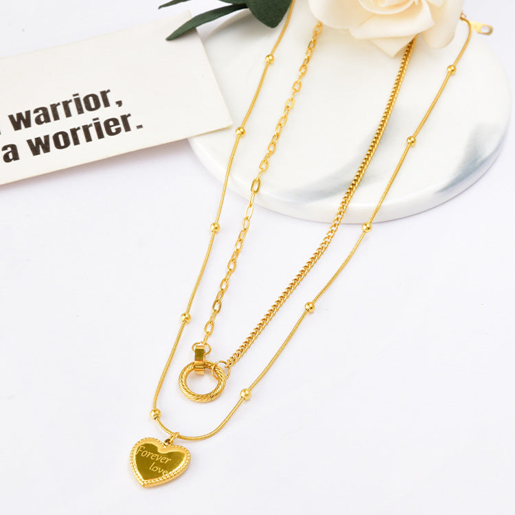 Women's Double Ring Love Necklace Titanium Steel Color Protection