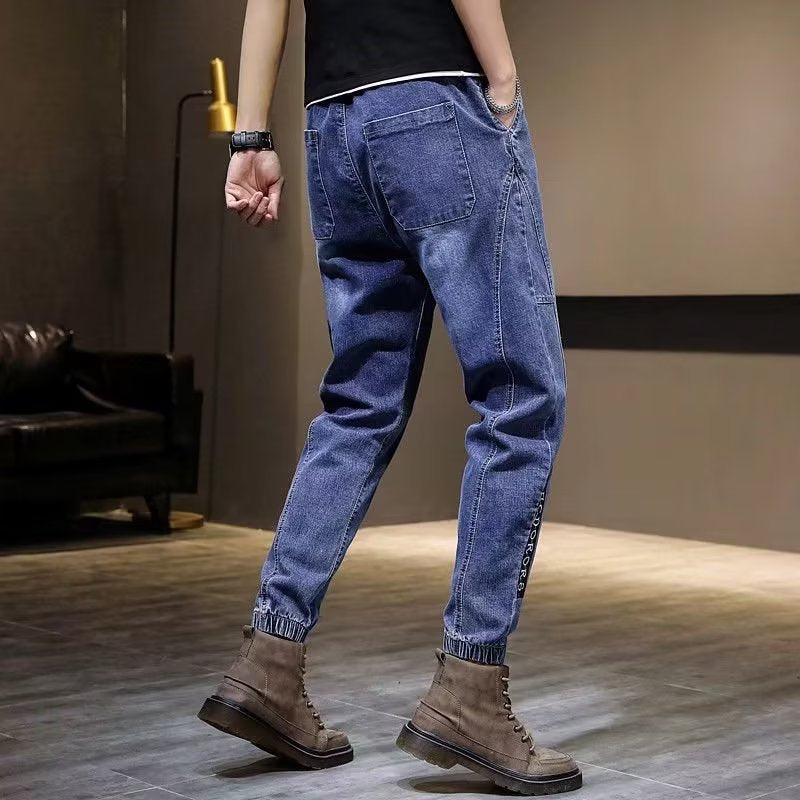 Cropped Casual Pants With Distressed Wash And Elastic Waist