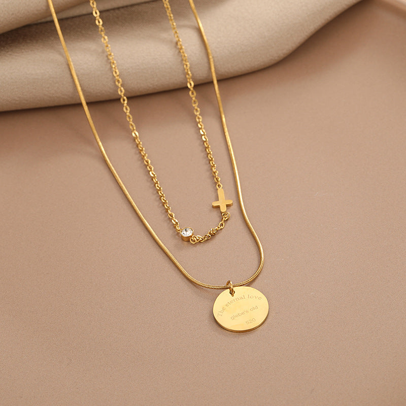 Women's Fashion Simple Double-layer Titanium Steel Wafer Pendant Necklace