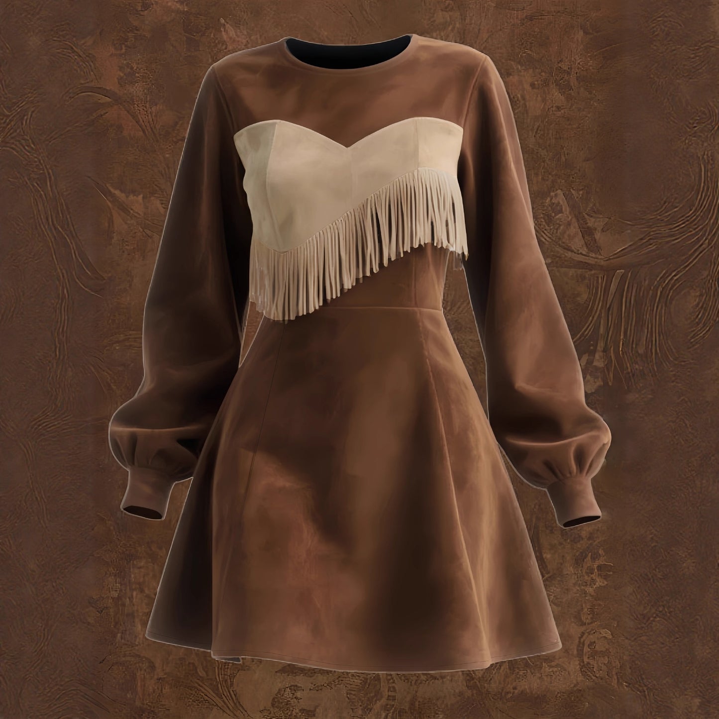 Contrast-color Patchwork Faux Suede Tassel Crew-neck Mini Dress