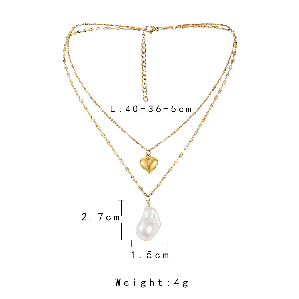 Baroque Shaped Pearl Pendant Fashion Titanium Steel True Gold Love Neckchain Double Layer Necklace