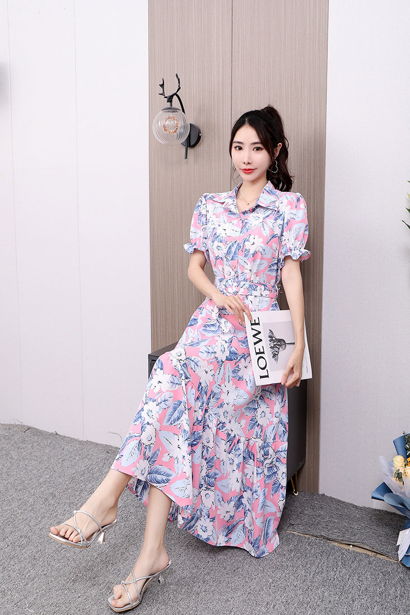 Floral Lapel Loose Fitting Short Sleeve Dress