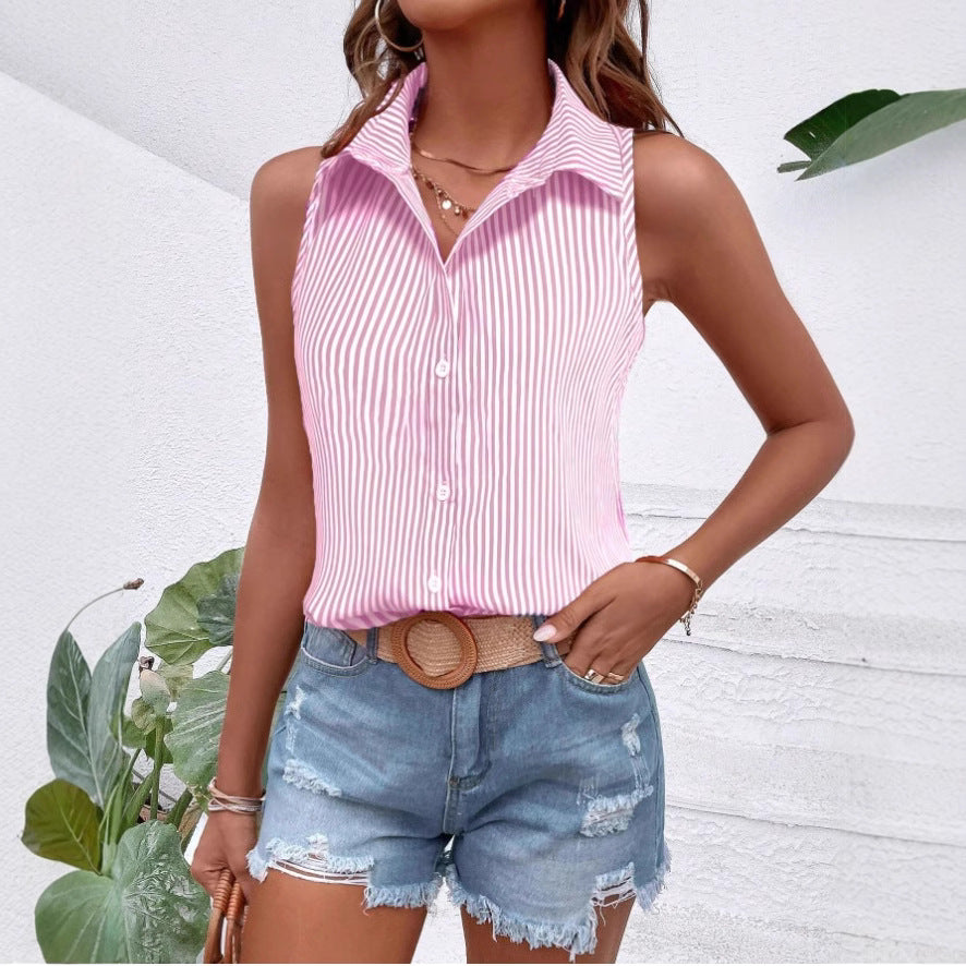 Womens Loose Casual Striped Printed Sleeveless Shirt