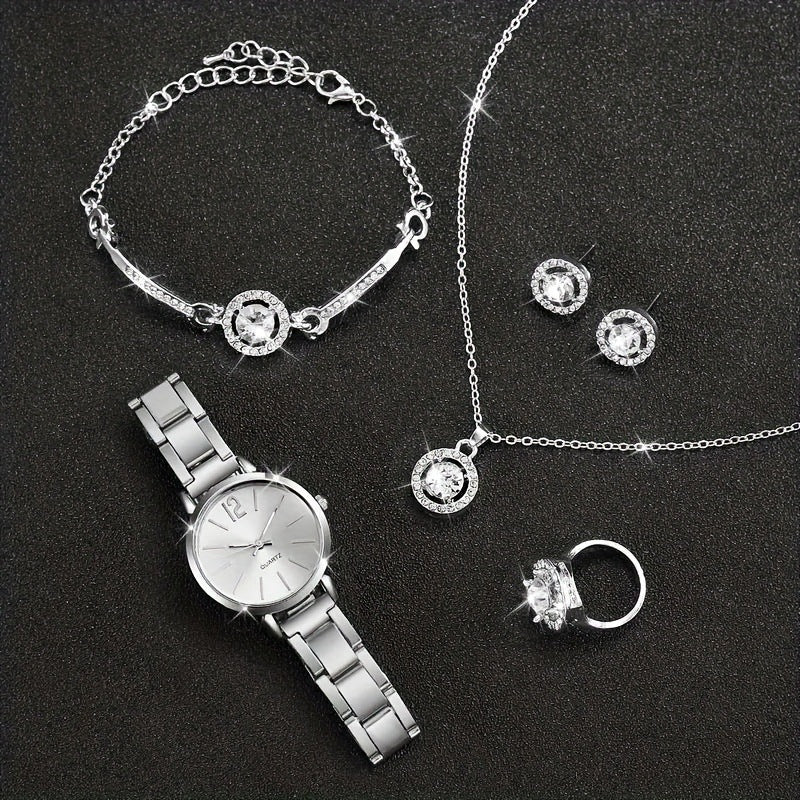 Small Silver Dial With Delicate Steel Strap, Five-piece Set For Women