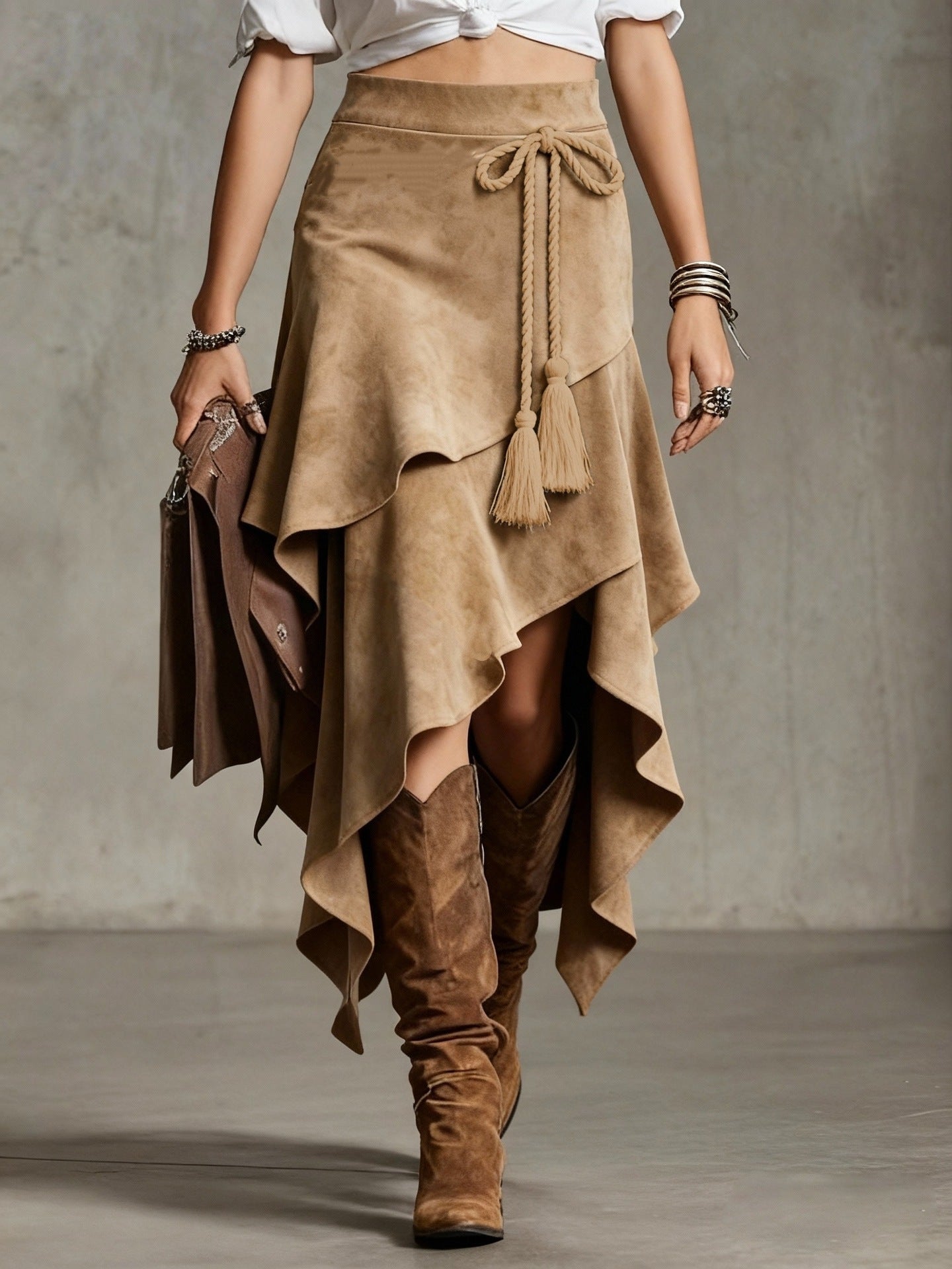 Irregularly Tied Cord Tassel Suede Skirt
