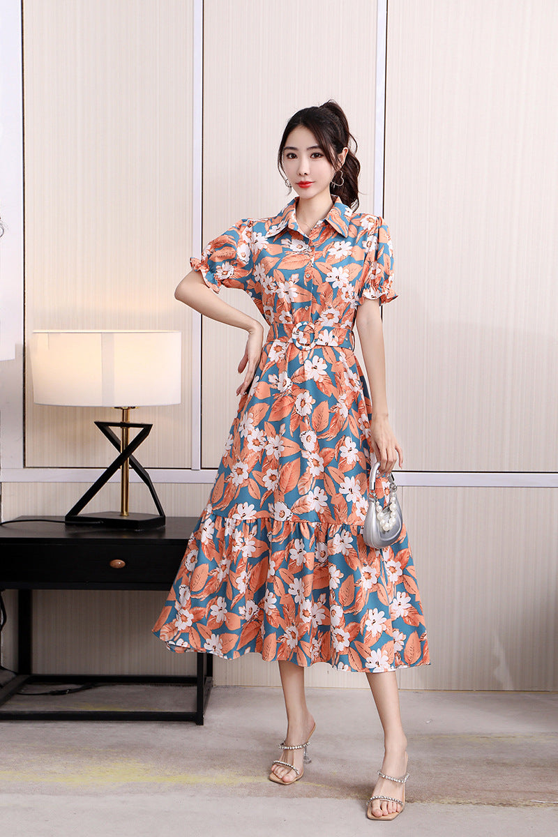 Floral Lapel Loose Fitting Short Sleeve Dress